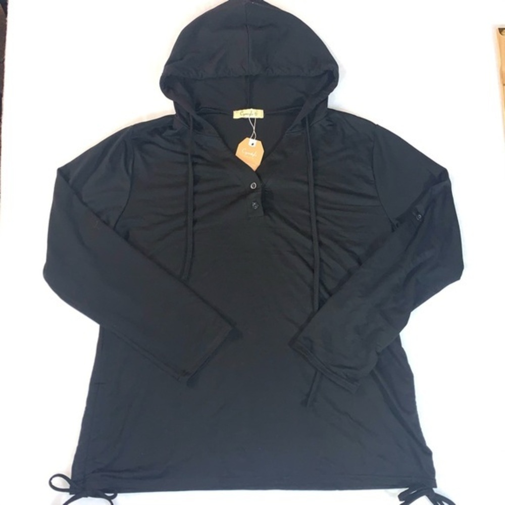 Cyanstyle 2XL hoodie black long sleeve w side ruched accents & ties sweatshirt